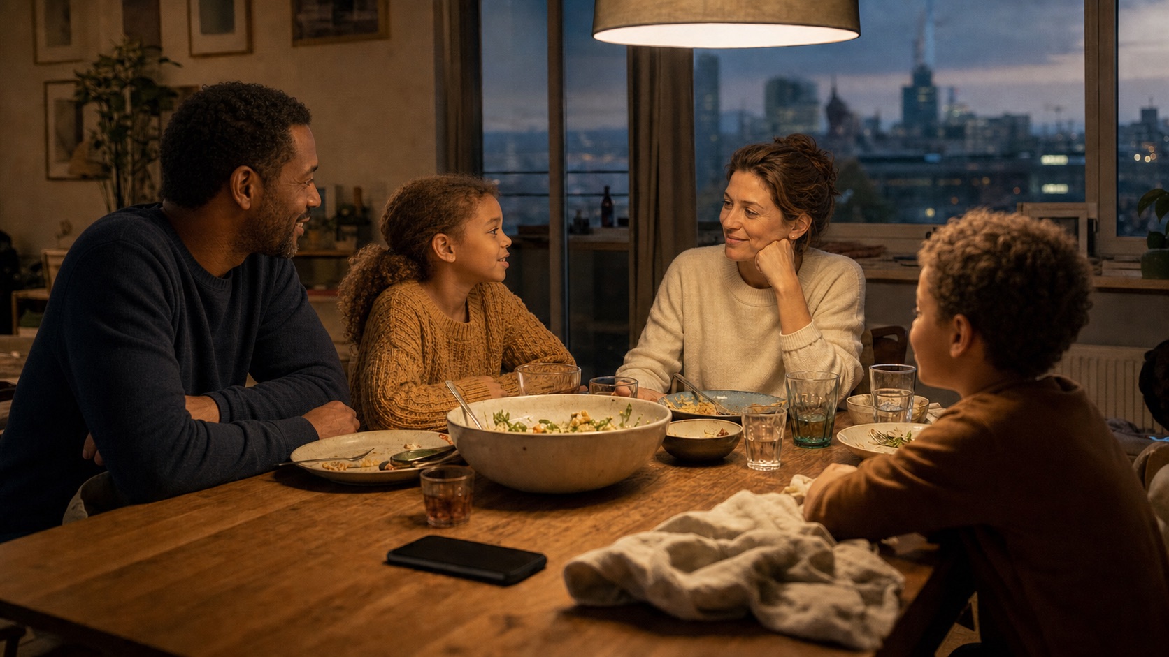 Eine Familie im persönlichen Gespräch beim gemeinsamen Abendessen