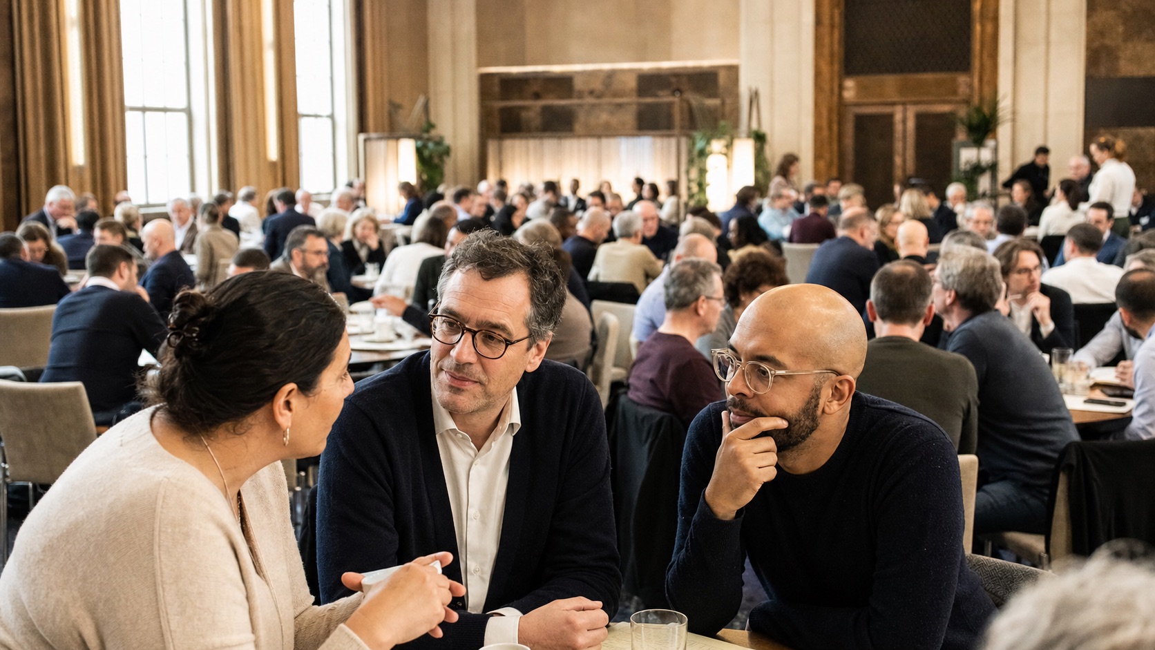 Führungskräfte im Gespräch bei einer größeren Veranstaltung mit rund einhundert Teilnehmenden